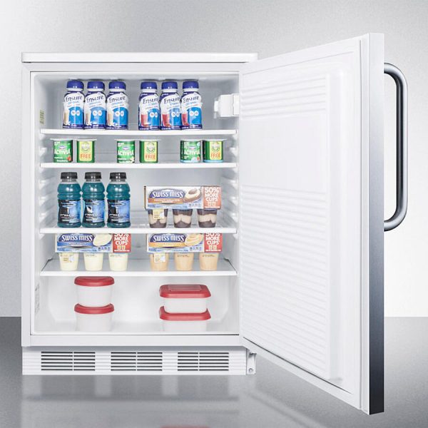 Summit FF7LWSSTB Commercially Listed Freestanding All-Refrigerator For General Purpose Use, Auto Defrost W Lock, Ss Wrapped Door, Towel Bar Handle, And White Cabinet Sale