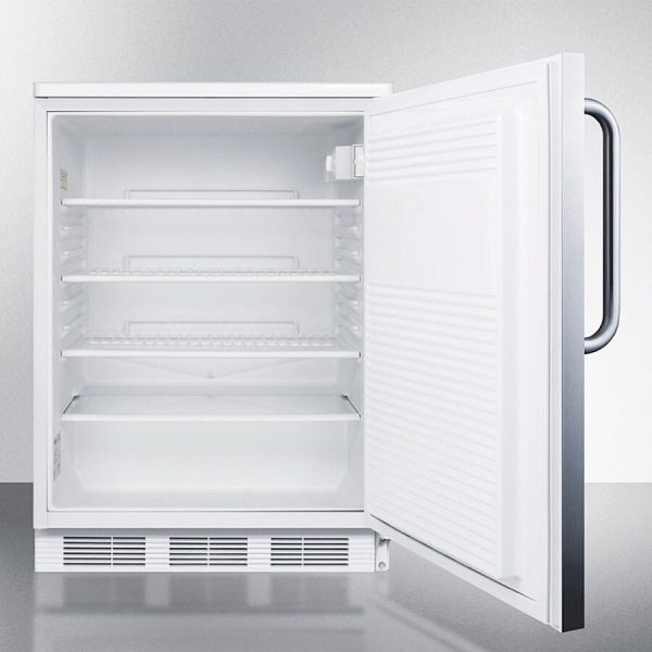 Summit FF7LWSSTB Commercially Listed Freestanding All-Refrigerator For General Purpose Use, Auto Defrost W Lock, Ss Wrapped Door, Towel Bar Handle, And White Cabinet Sale